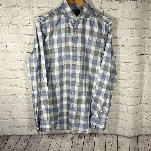 Hugo Boss Mens Slim Fit Long Sleeve Button Up Shirt Size 15 1/2 39 Purple Gray - Picture 1 of 9
